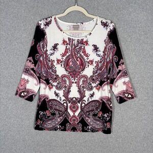 Chicos Tunic Top Small Navy Pink‎ Paisley Floral Thin Soft Stretch Flowy Artsy